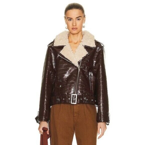 STAND STUDIO Johanna Faux Shearling Biker Jacket Brown & Sand